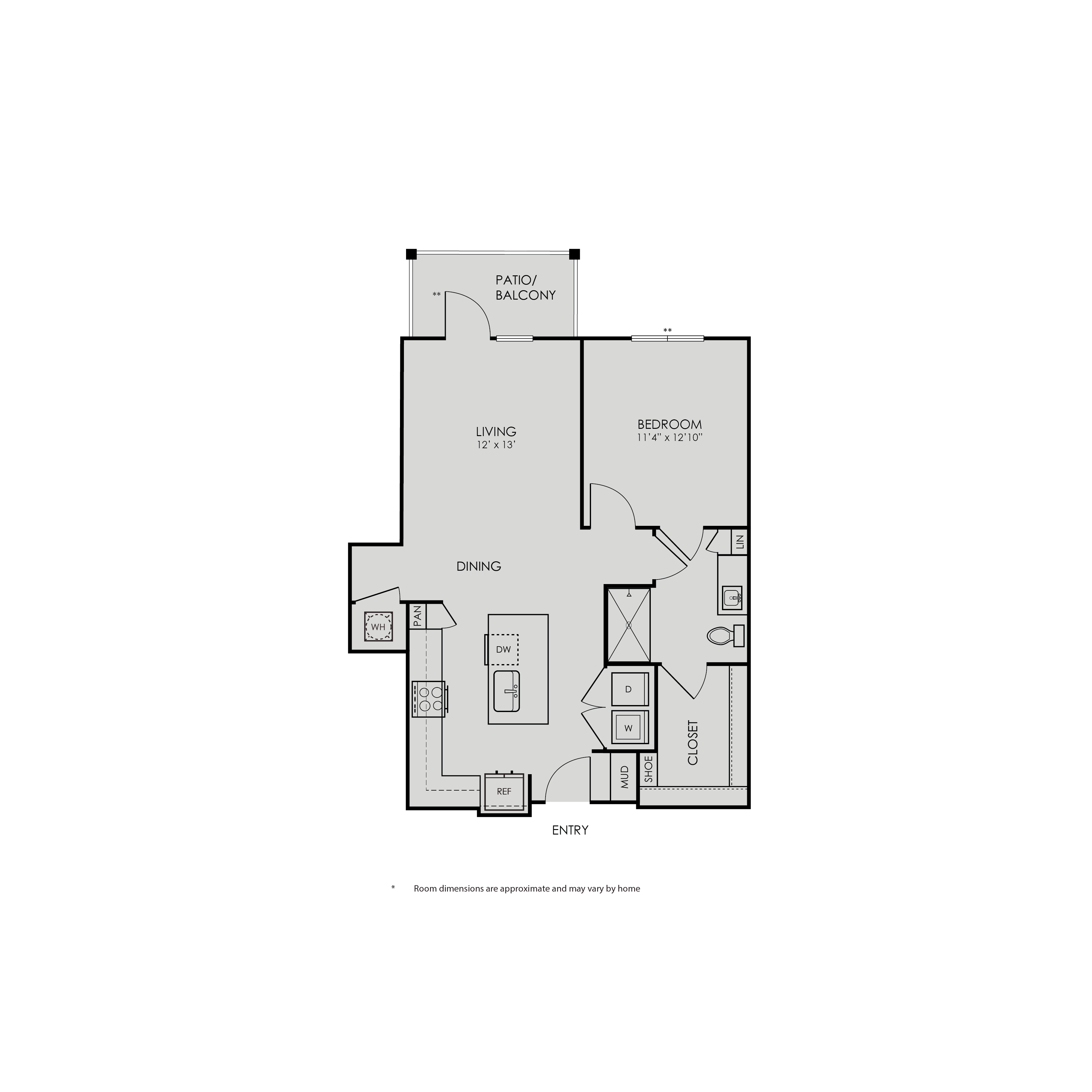 Floor plan for 1 bed, 1 bath, 830 sqft
